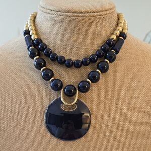 Chico's Blue and Gold Double-Strand Enamel Pendant Necklace